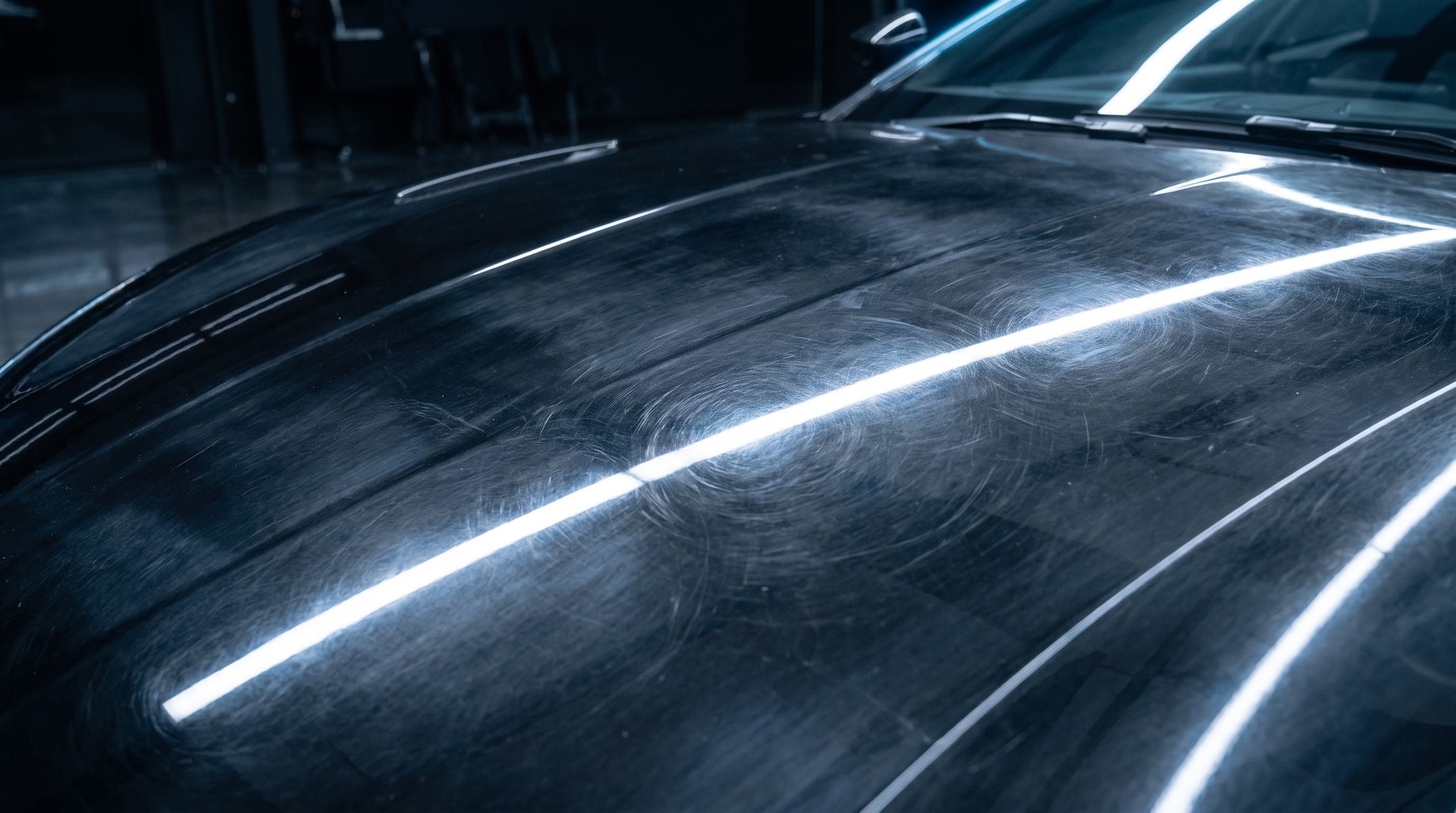The same hood before correction: swirl marks and a hazy reflection around the light line
